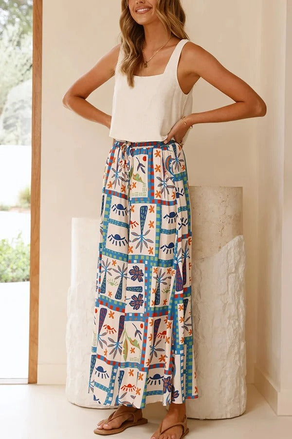 Unique Print Lapel Short Sleeve Loose Shirt and Elastic Waist Casual Pocket Wide Leg Pants Set