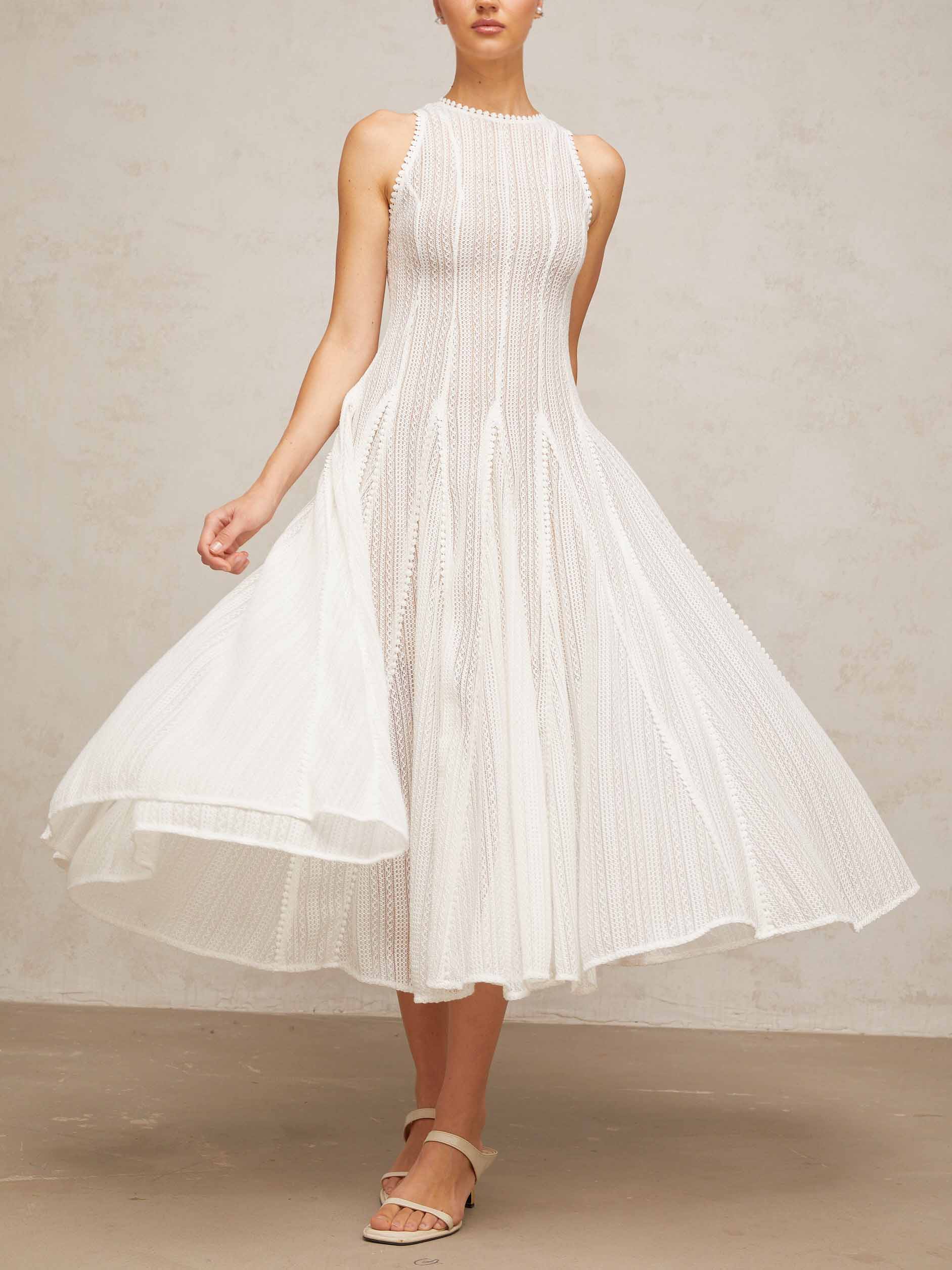 Robe mi-longue trapèze élégante en dentelle creuse sans manches