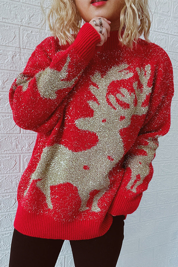 Christmas Pattern Knitted Crew Neck Long Sleeved Sweater Elk