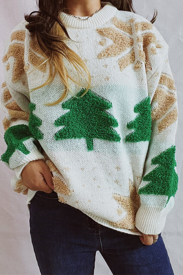 Christmas Pattern Knitted Crew Neck Long Sleeved Sweater Green