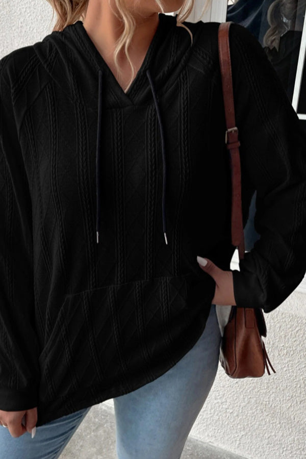 Casual Jacquard Patch Pocket Oversized Loose Hooded Sweatshirt Black
