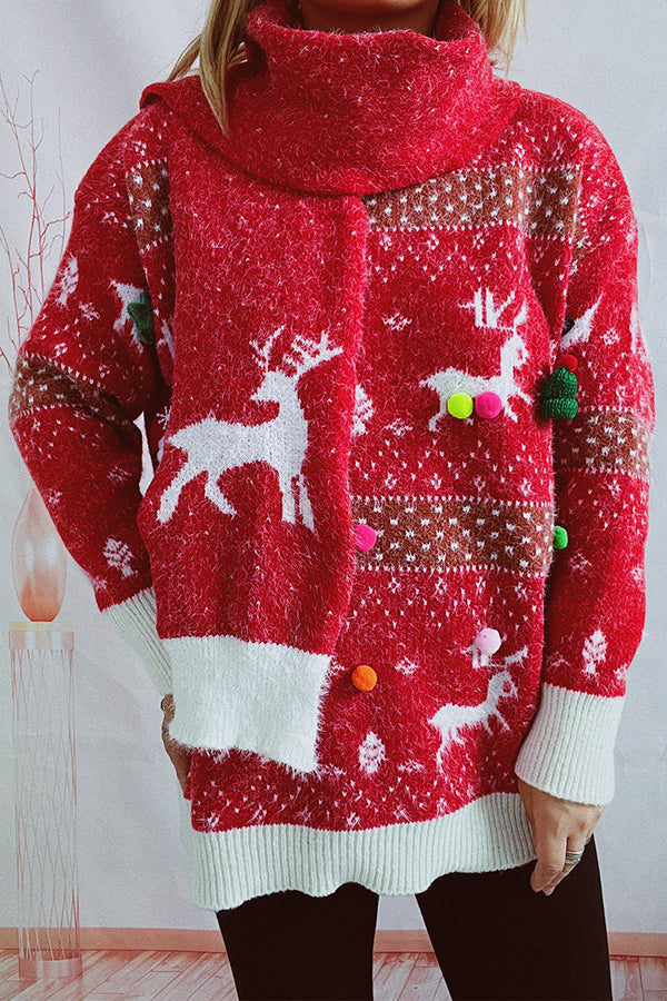 Christmas Pattern Knitted Round Tie Scarf Long Sleeve Sweater Red