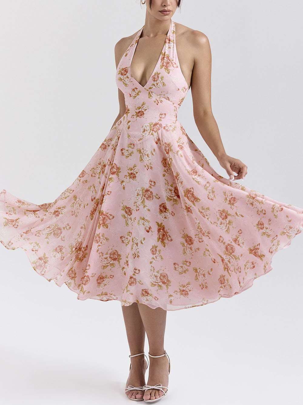 Robe mi-longue rétro à col en V et imprimé roses