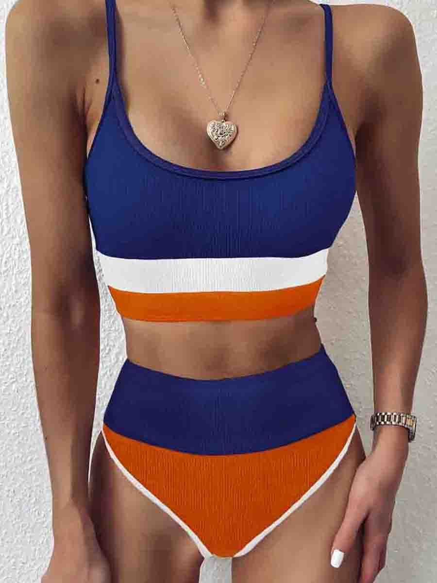 Striped Patchwork Two pieces Swimsuit (3 Colors) Blue