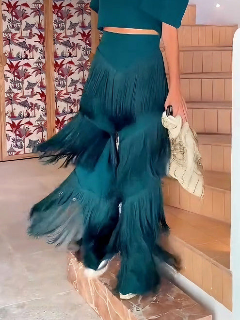Elegant High-Waist Layered Fringe Wide-Leg Pants