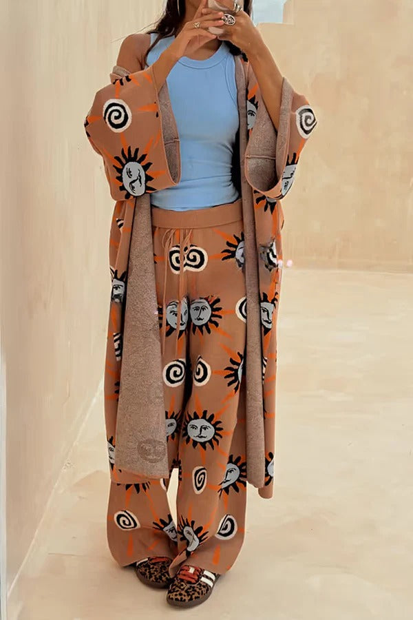 Mediterraner Kunststrick, einzigartiger Sun Vortex Print, Glockenärmel, langer Cardigan