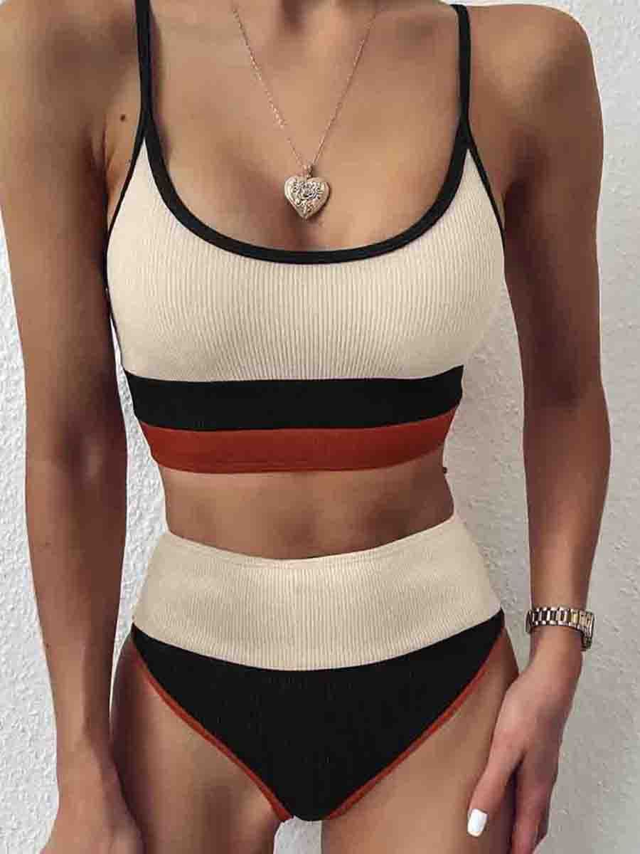 Striped Patchwork Two pieces Swimsuit (3 Colors) Apricot
