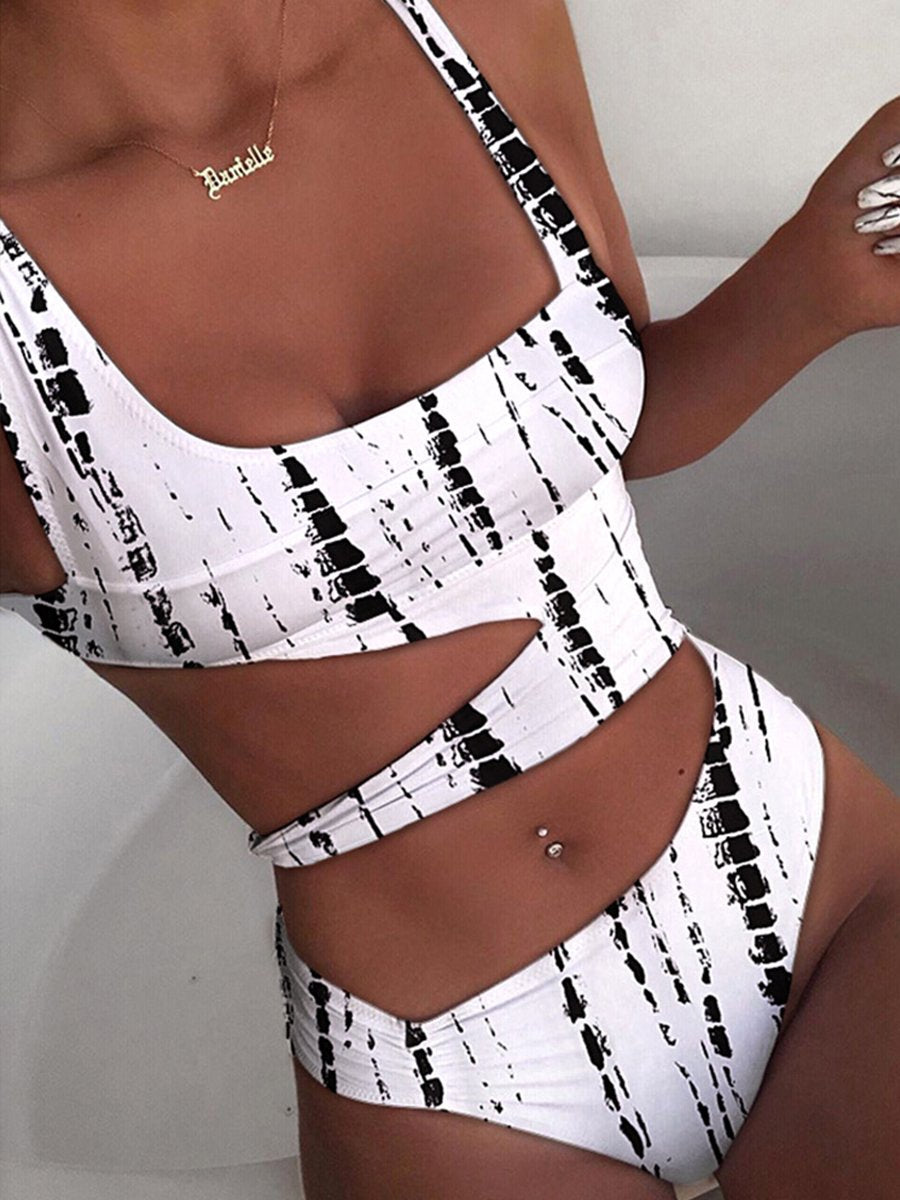 Solid Cut Out One-piece Swimsuit Black And White
