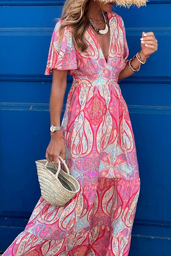 Robe bohème longue à manches courtes et col en V