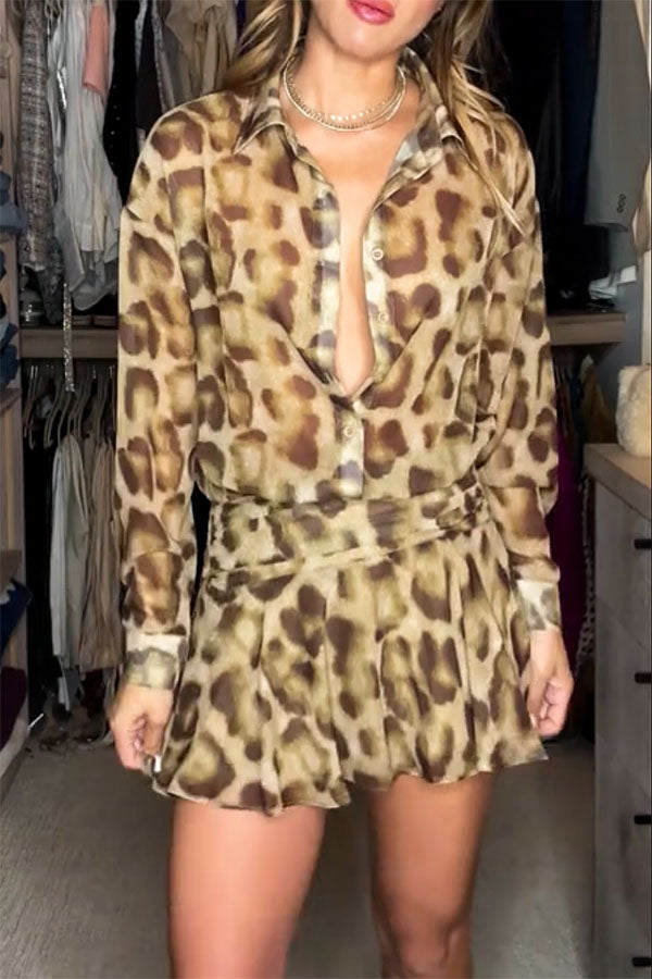 Sexy and Stunning Leopard Long Sleeve Drop Waist Shirt Mini Dress Leopard Print
