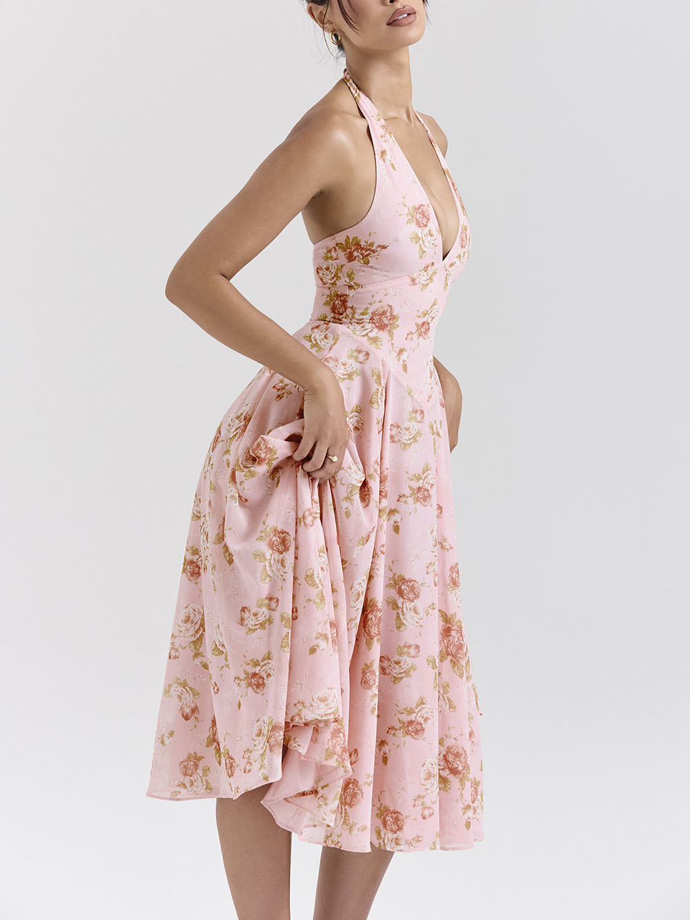 Robe mi-longue rétro à col en V et imprimé roses