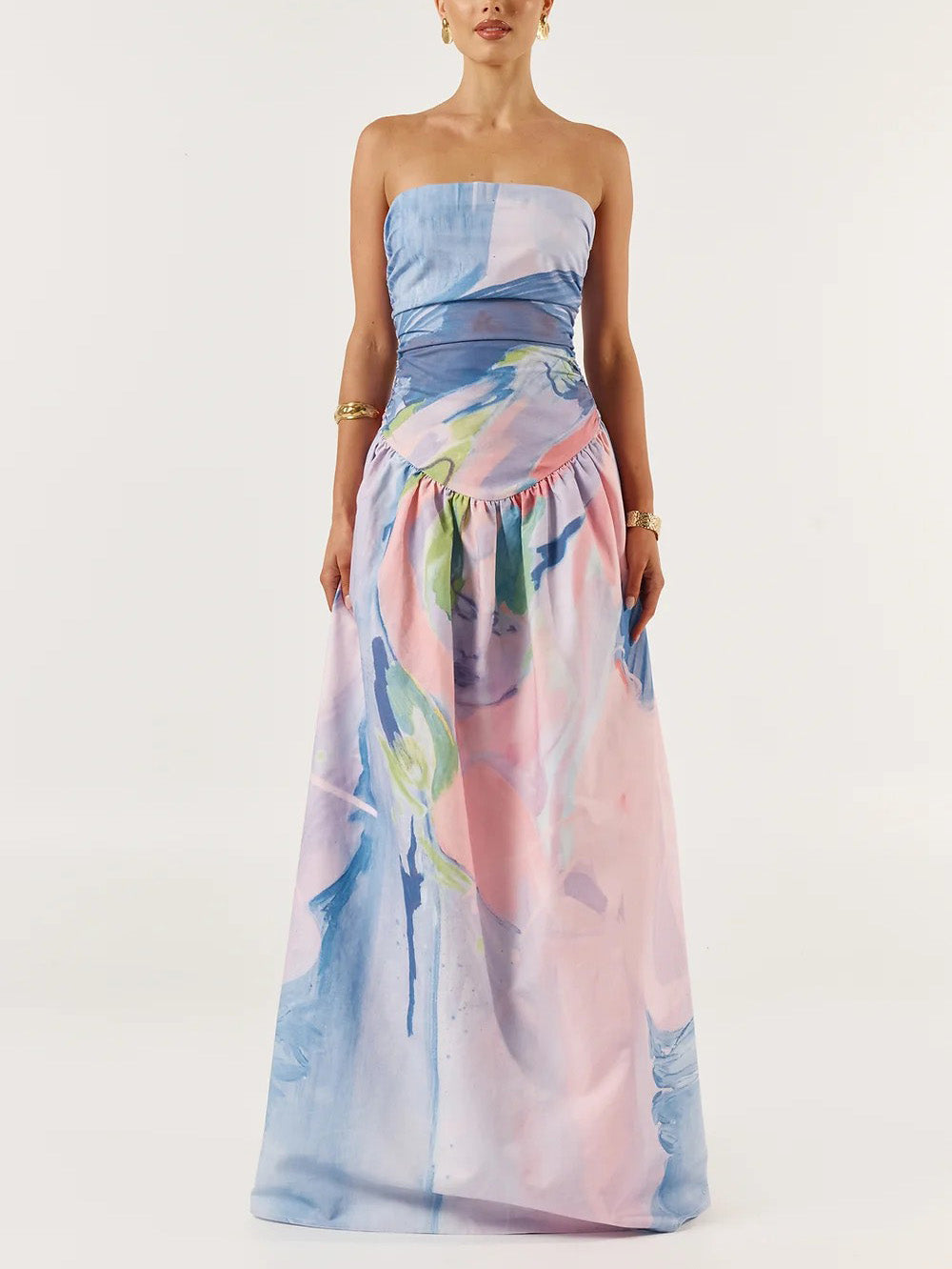 Elegantes, schulterfreies Maxikleid mit Ölgemälde-Print und Bustier-Kleid