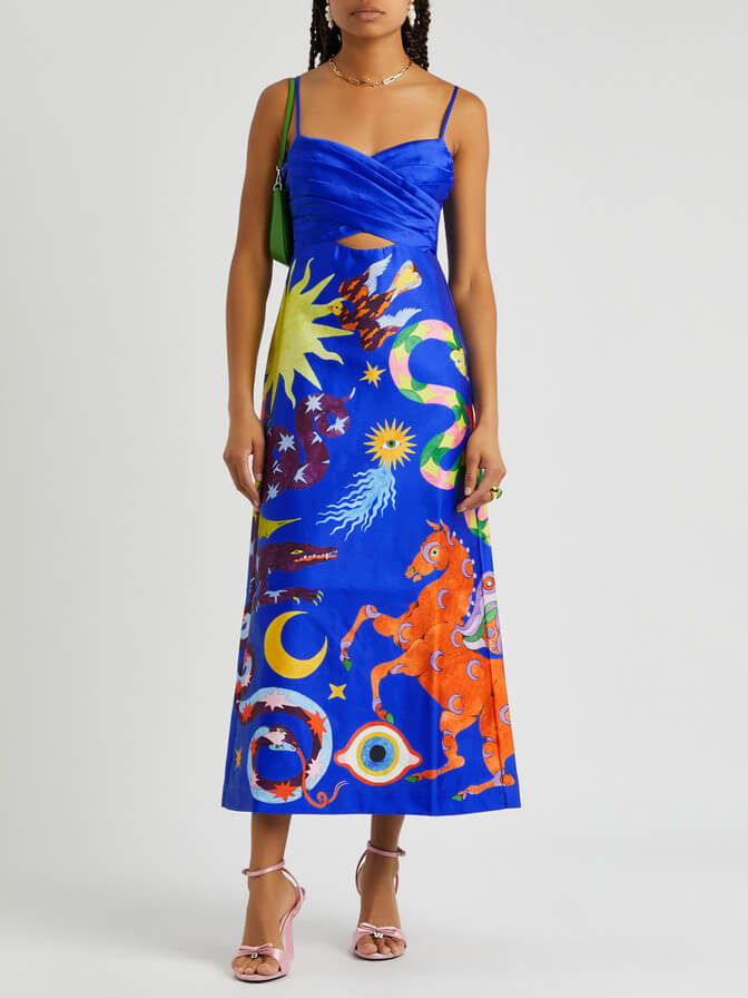 Robe mi-longue d'été sexy en satin dos nu imprimée sans manches