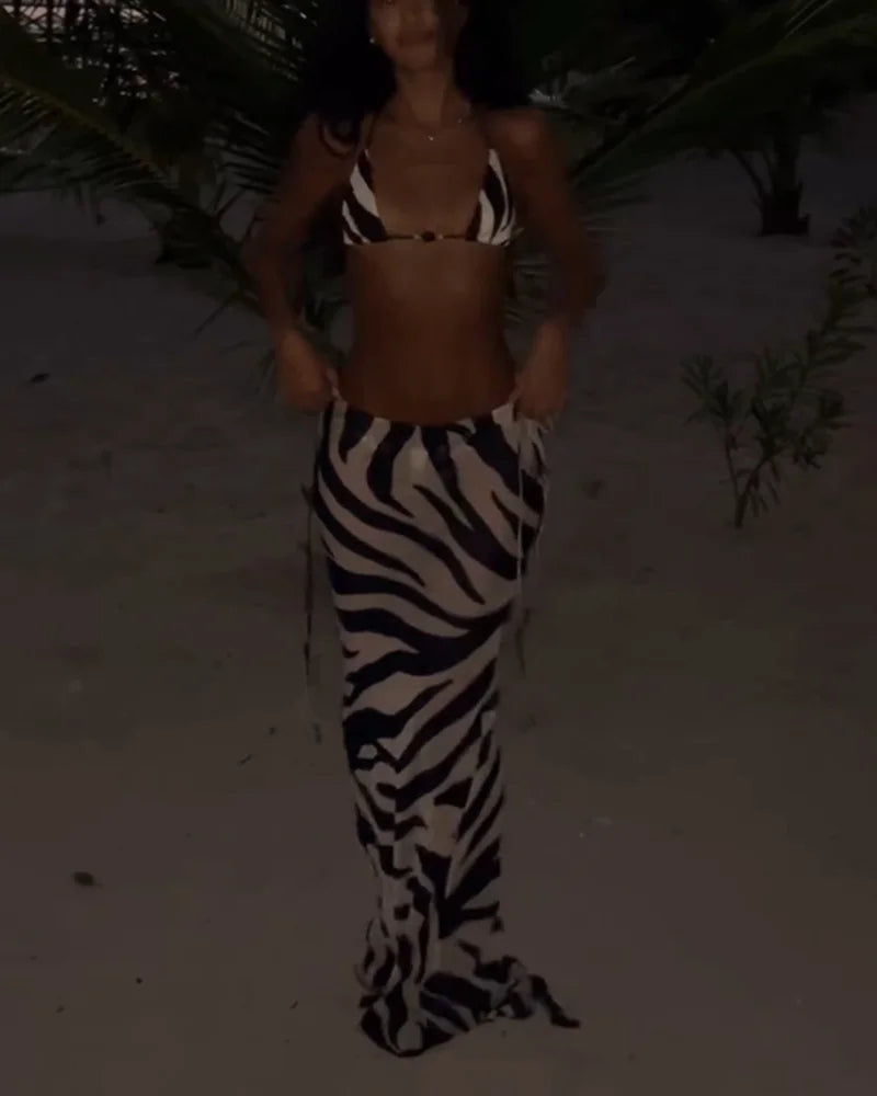 Women's Zebra Print String Bikini Three Piece Suit Black