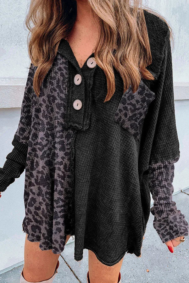 Waffle Leopard Pullover Button Pocket Shirt Black