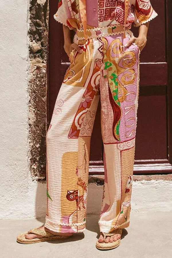 Tia Linen Blend Ric Rac Trims Unique Print Tank + Shirt + Pocketed Pants Set (3pieces)