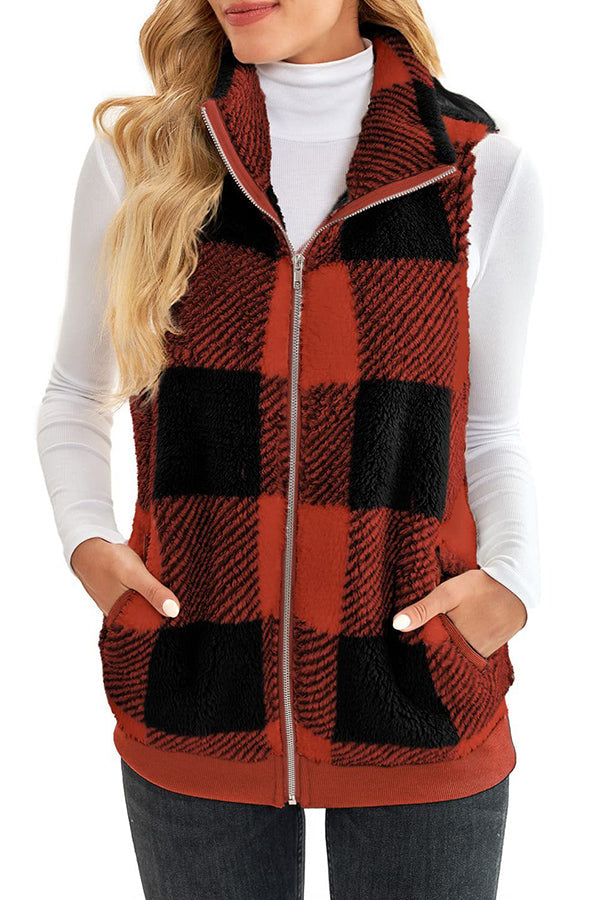 Plaid thickened double-sided velvet cardigan vest stand collar sleeveless vest jacket Red