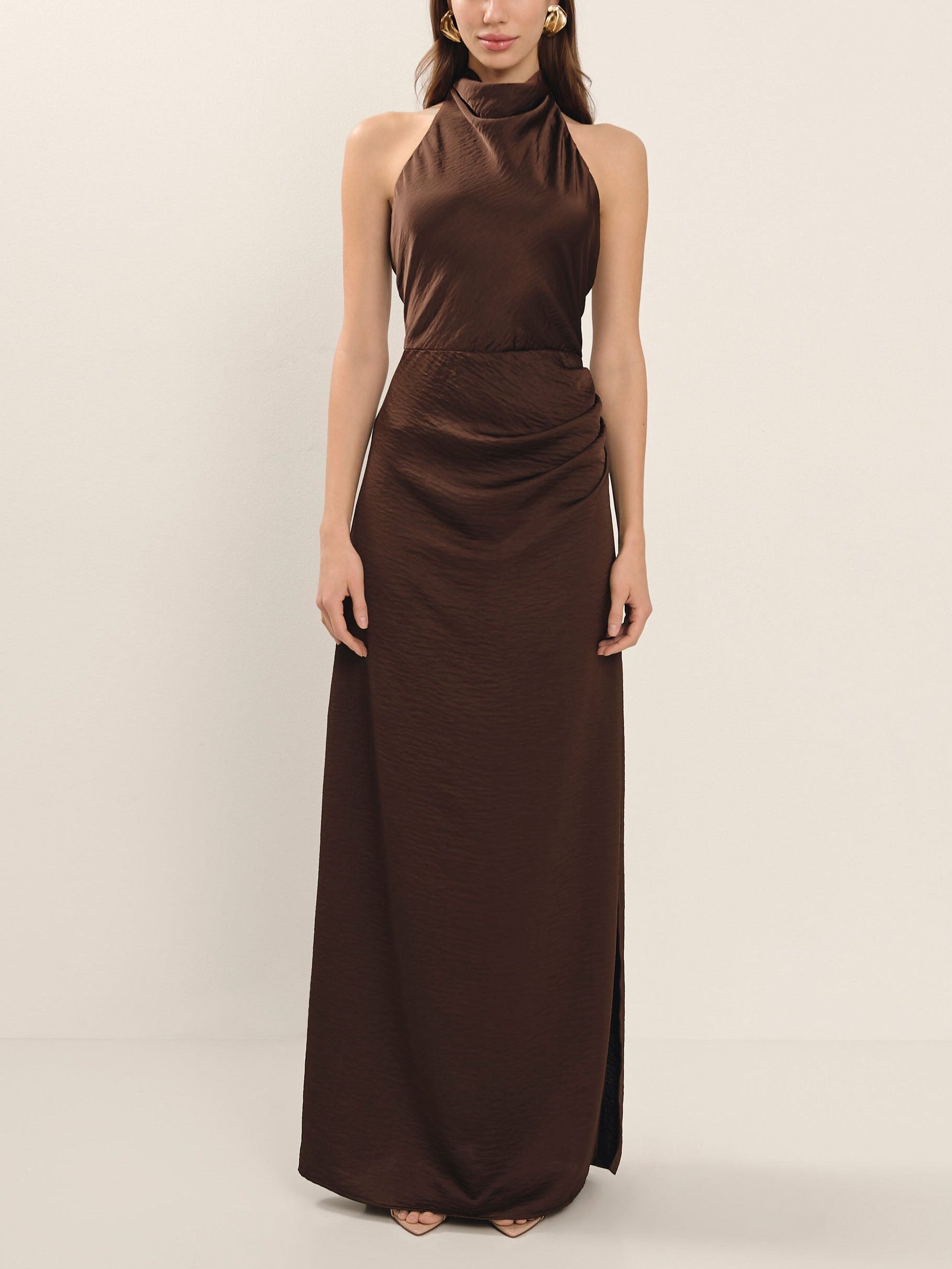 Elegant Holders Corner Satin Pleated Maxi Dress