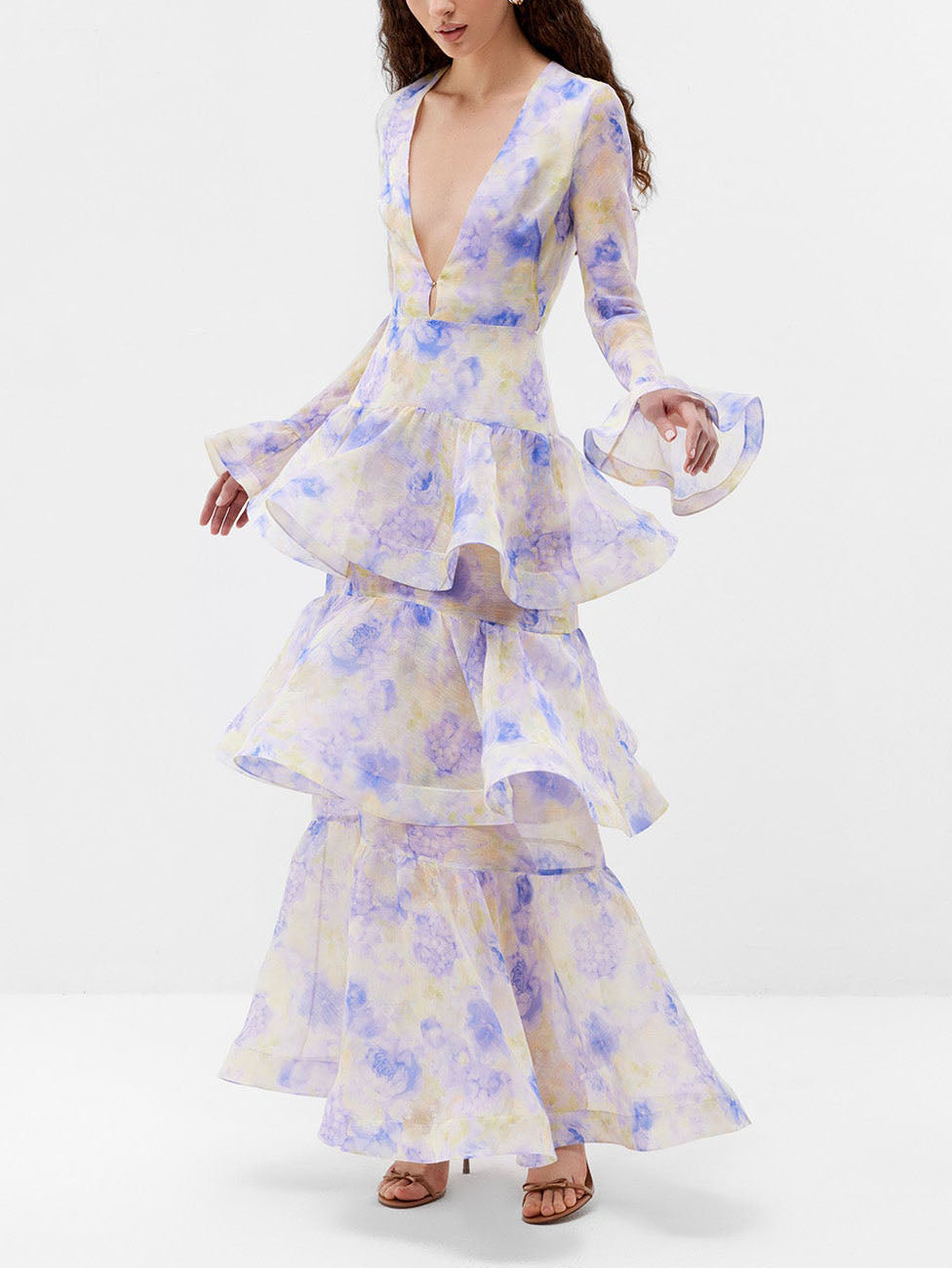 Elegant Sweet Floral Print Tiered Party Maxi Dress