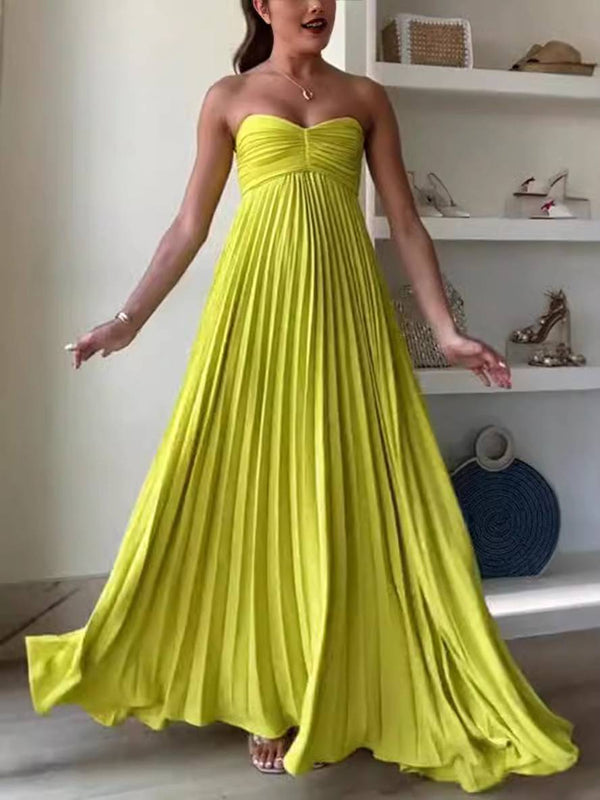 Robe longue de soirée plissée à épaules dénudées de style princesse