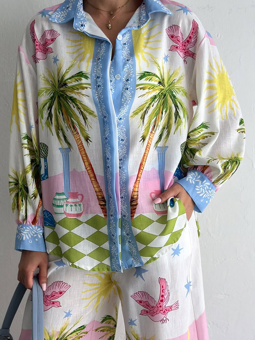 Chemise ample boutonnée surdimensionnée à imprimé palmiers en bord de mer