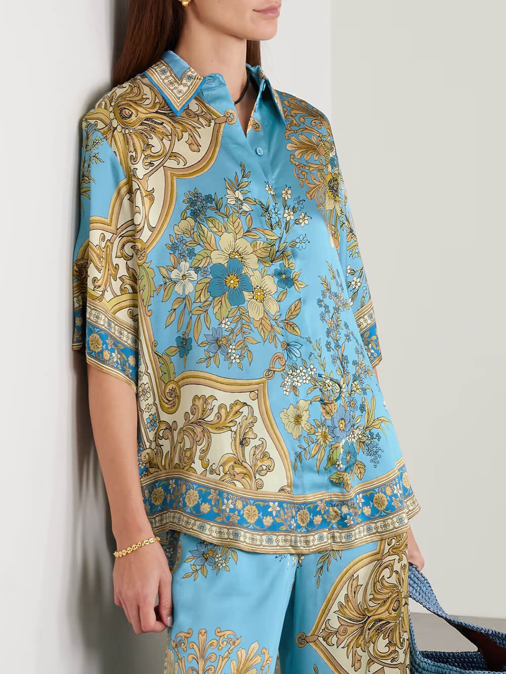 Chemise boutonnée ample en satin à imprimé floral, décontractée et unique