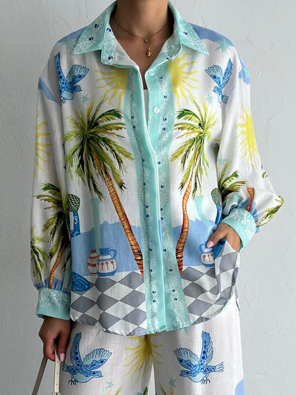 Chemise ample boutonnée surdimensionnée à imprimé palmiers en bord de mer