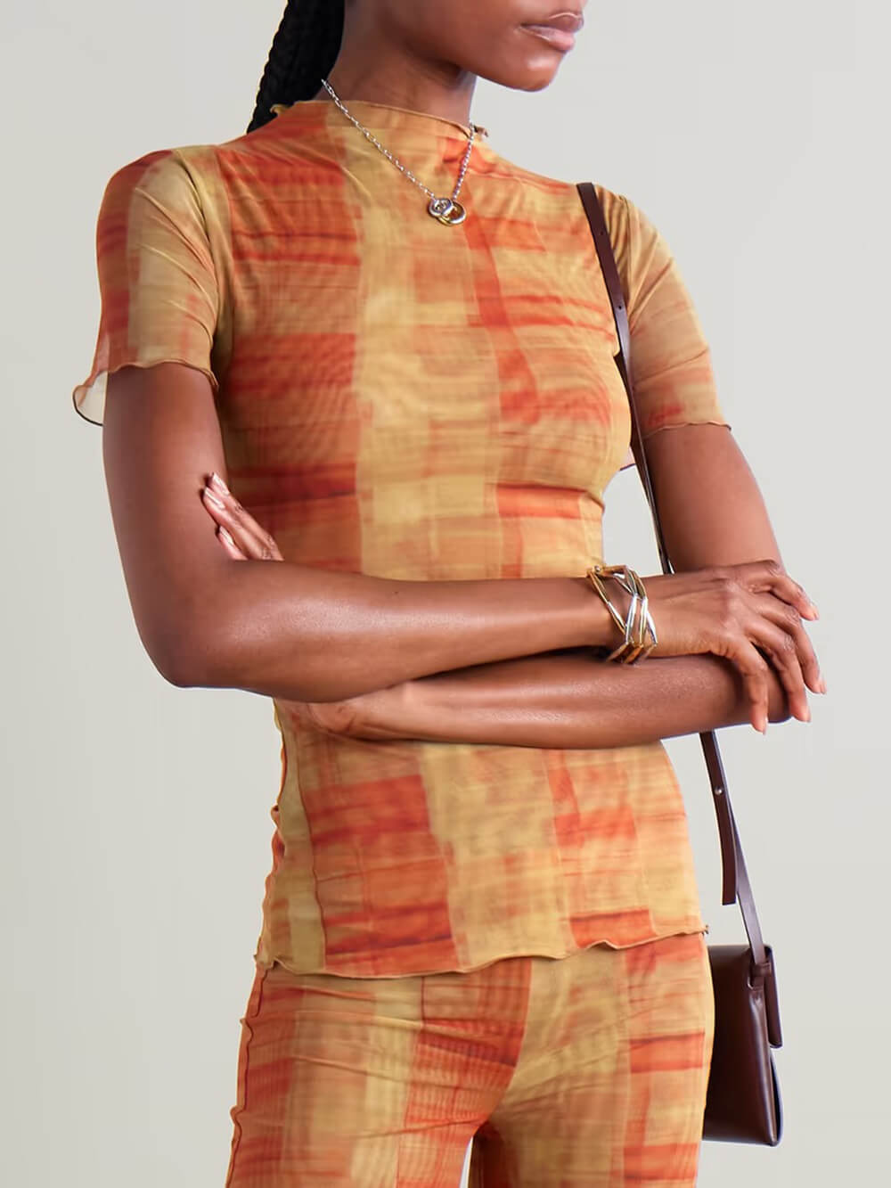 T-shirt en maille extensible à imprimé écossais froncé unique