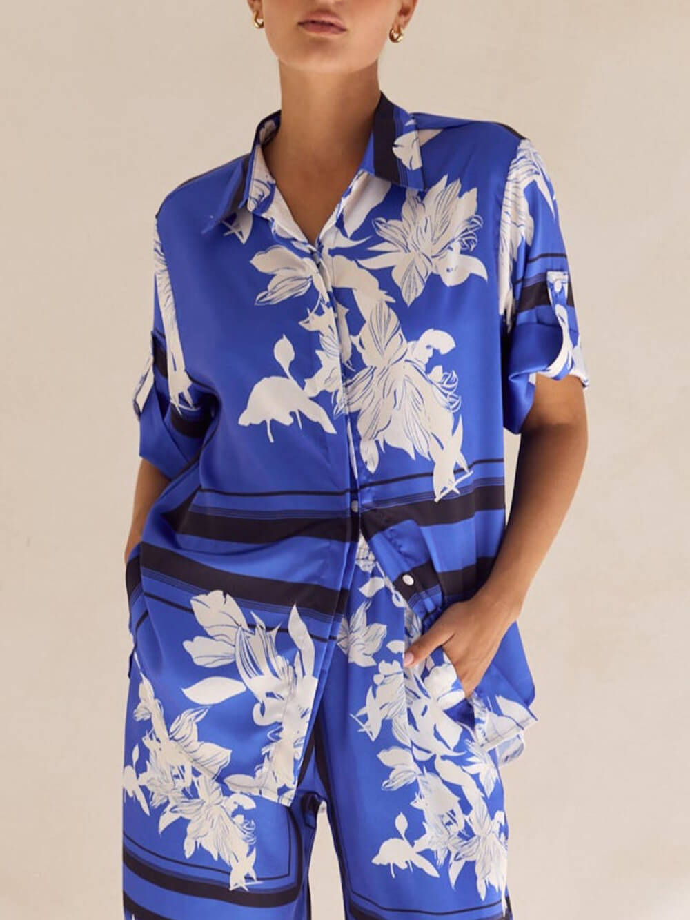 Casual Unique Satin Floral Print Loose Button Oversized Shirt