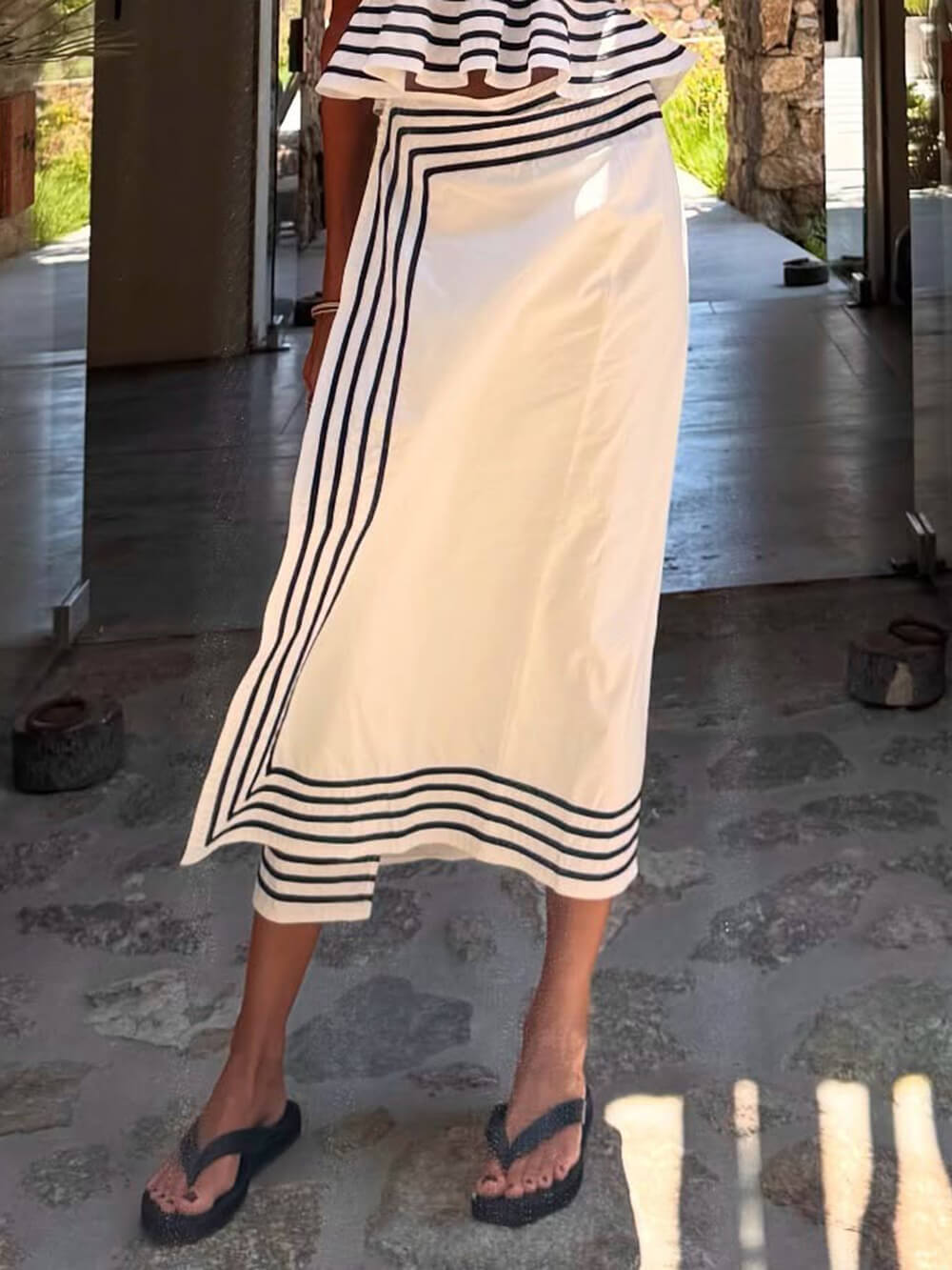 Exquisite Striped Patchwork Wrap Midi Pencil Skirt