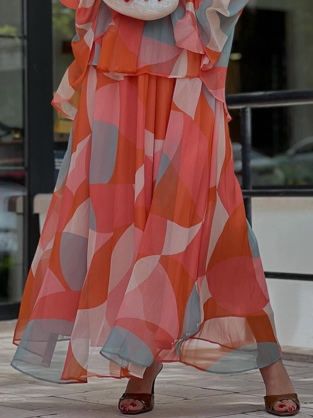 Classic Geometric Print Lantern Sleeve Patchwork Blouse