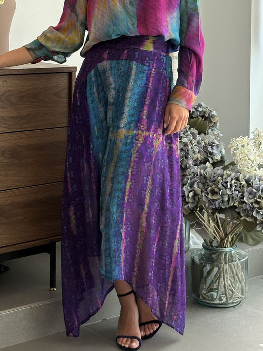 Retro Bohemian Tie-Dye Print Asymmetrical Hem Elastic Waist Skirt