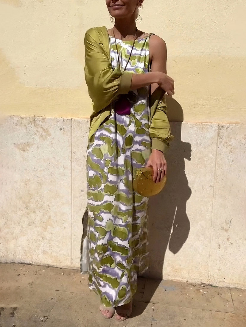 Robe longue fendue en satin imprimé tie-dye tendance