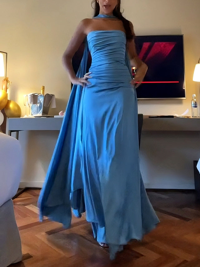 Elegant Pleated Satin Flowy Party Maxi Dress