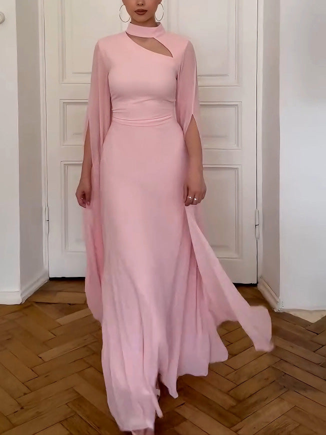 Elegantes Maxikleid mit kleinem Stehkragen und Chiffonärmeln