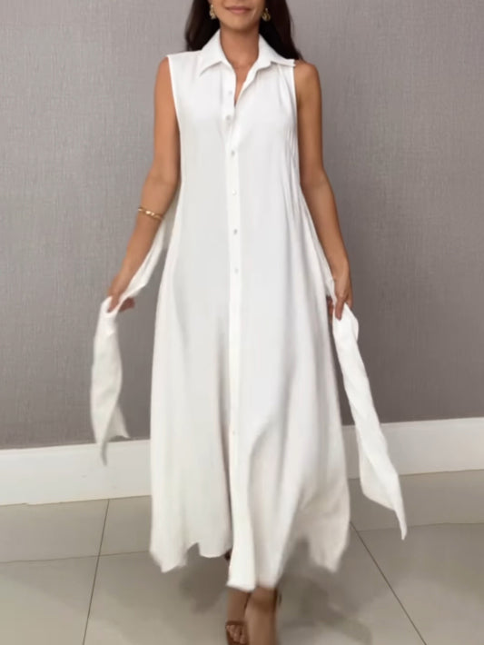 Robe mi-longue à simple boutonnage et cravate, style chemise unique