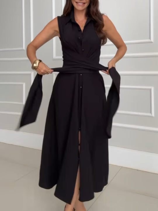 Robe mi-longue à simple boutonnage et cravate, style chemise unique