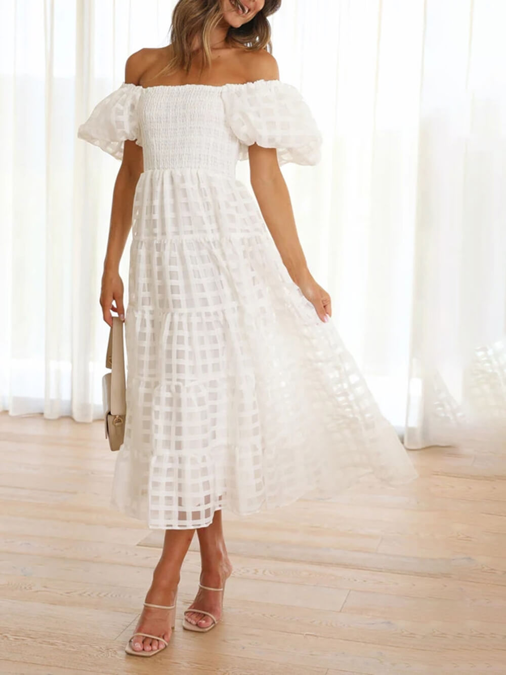 Robe mi-longue trapèze à une épaule en mousseline de soie à manches bouffantes