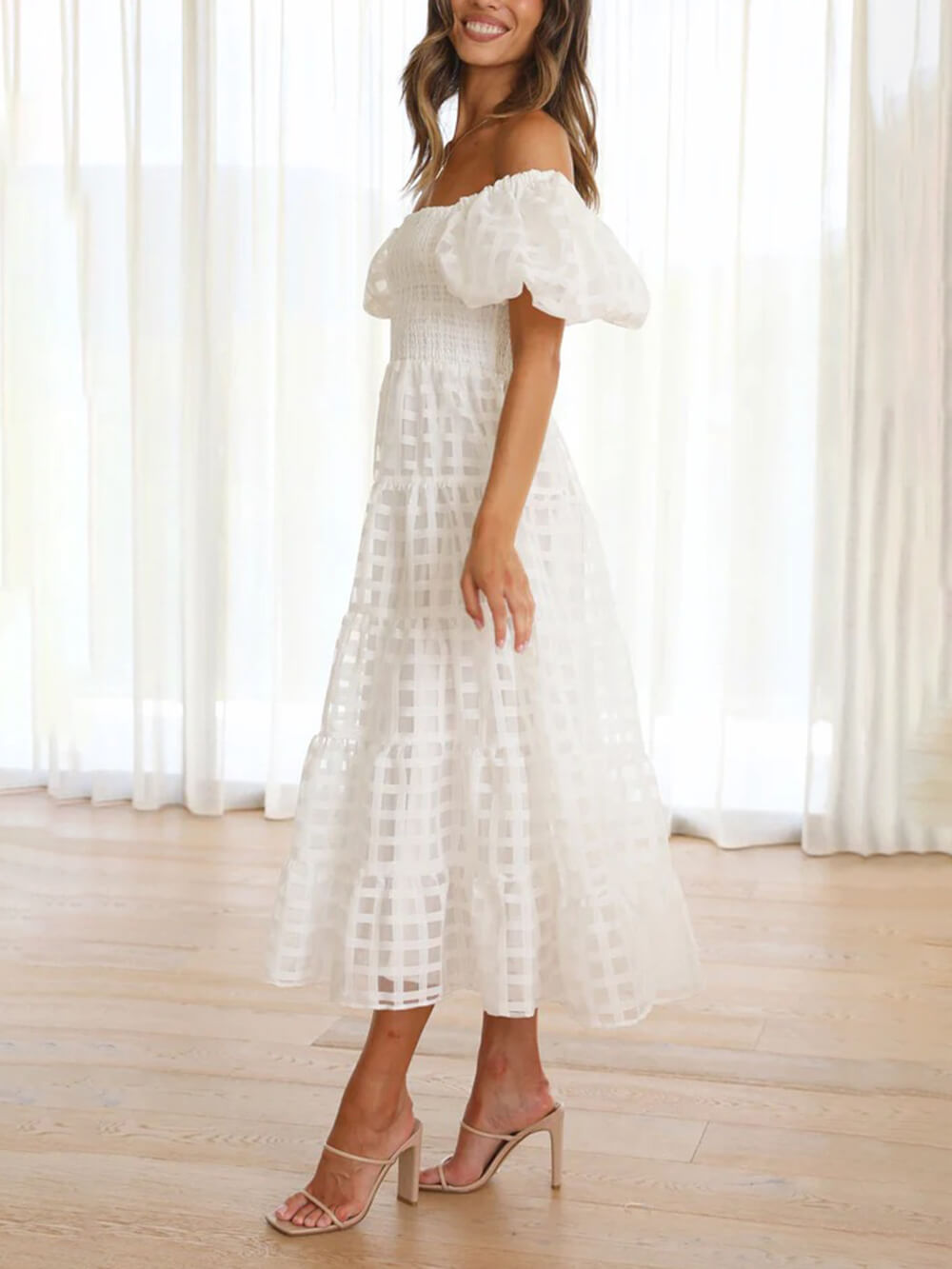 Robe mi-longue trapèze à une épaule en mousseline de soie à manches bouffantes