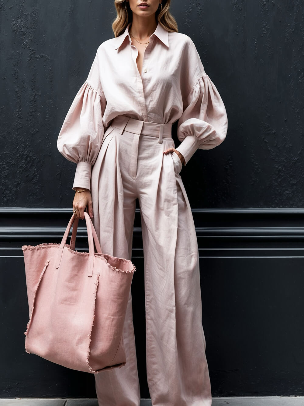 Fashionable Casual Solid Color Unique Pleated Pocket High Waist Wide Leg Pants