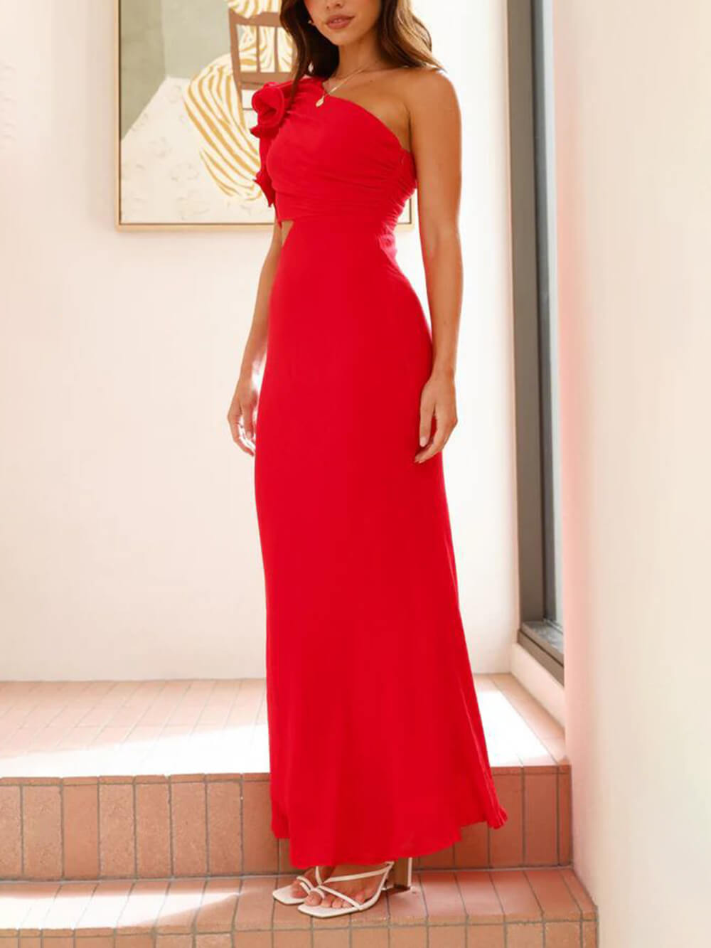 Prom Fashion Pleated One-Shoulder Hollow Slim Maxi Dress