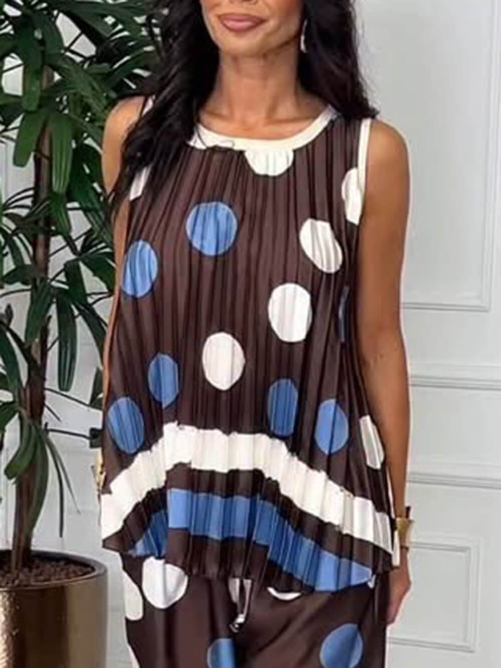 Retro Ruched Circular Print Colorblock Elastic-Waist Pocket Wide-Leg Pants