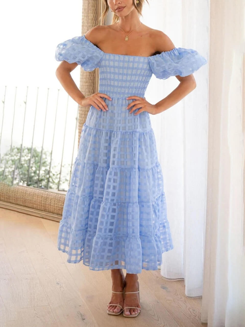 Robe mi-longue trapèze à une épaule en mousseline de soie à manches bouffantes