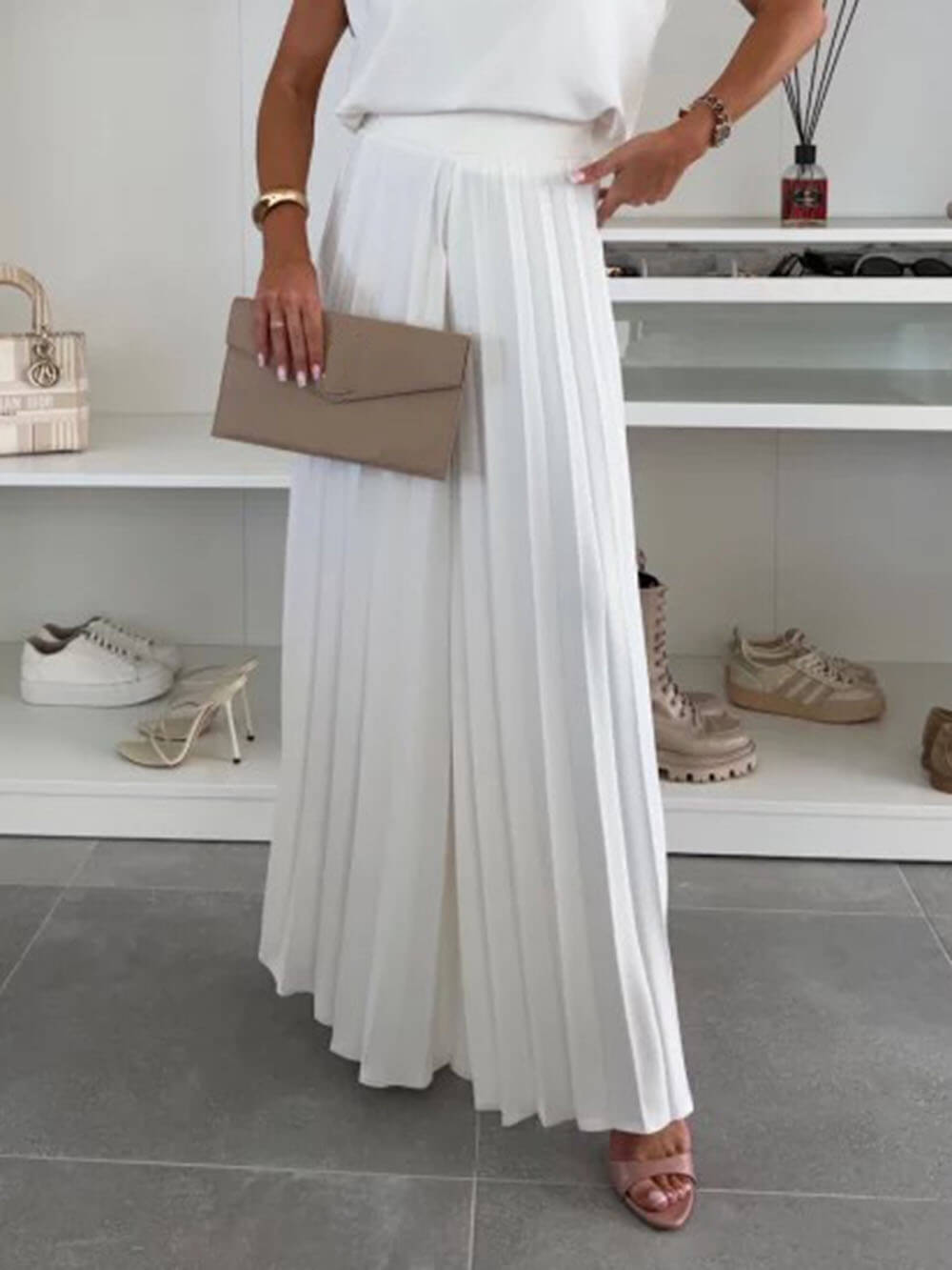 Fashionable Elastic Waist Pleated Wide-Leg Pants