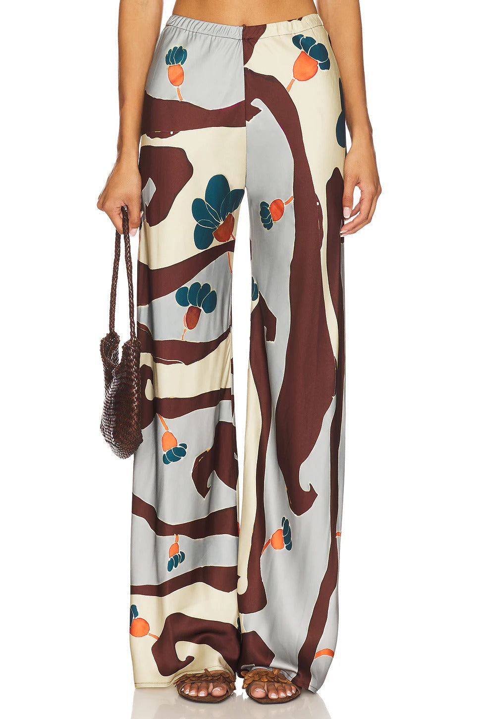 Einzigartige Hose mit weitem Bein und abstraktem Blumenmuster aus Satin