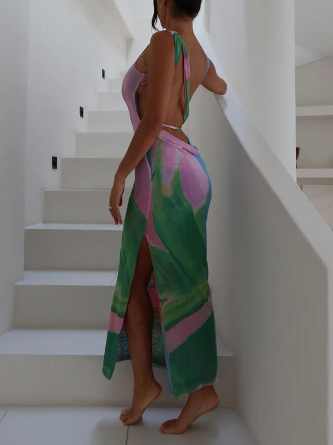 Robe mi-longue sexy dos nu sans manches avec fentes latérales