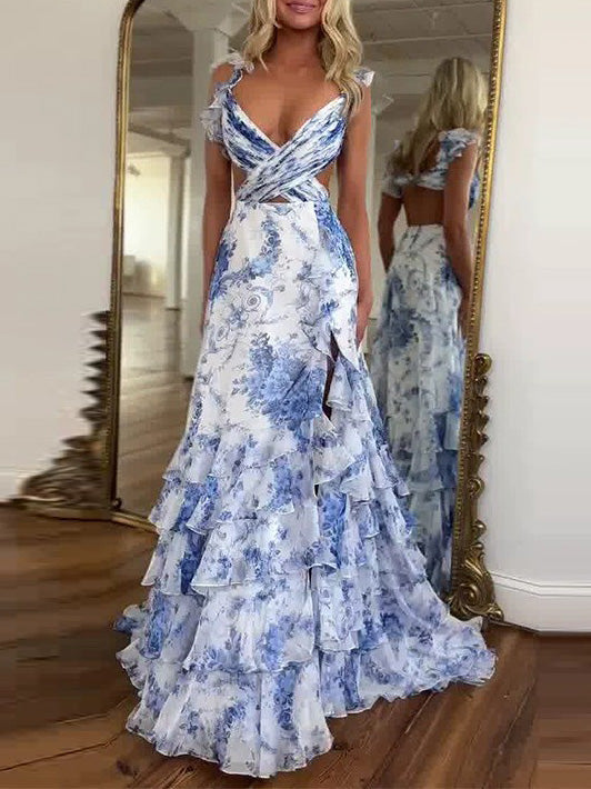 Elegantes, bedrucktes, fließendes Maxikleid mit V-Ausschnitt und Rüschen