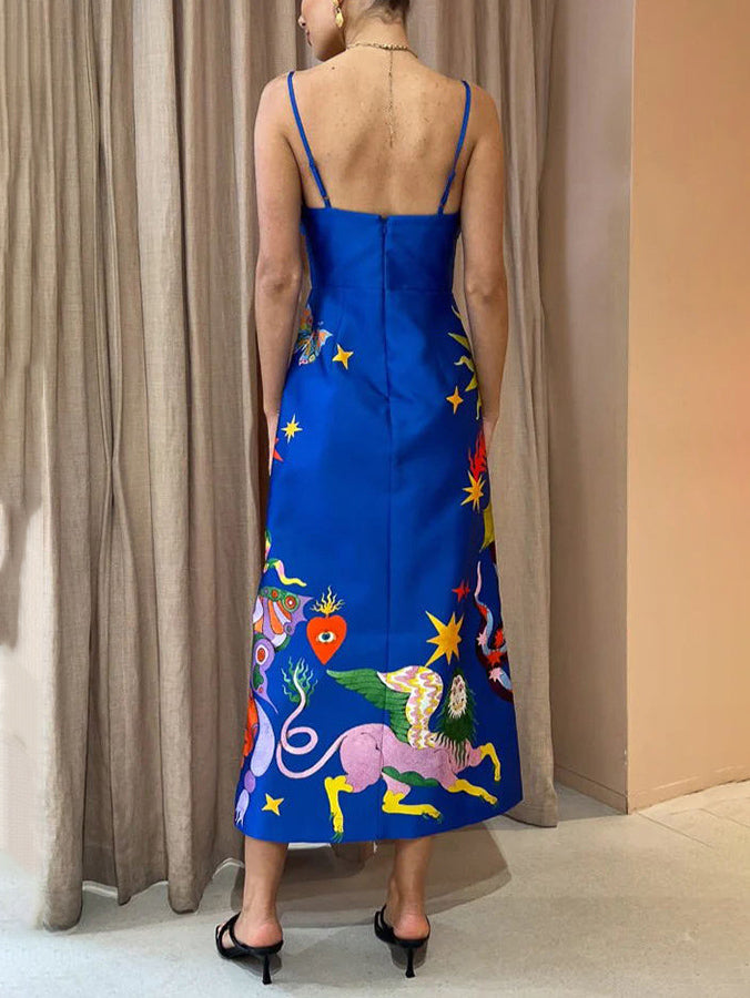 Robe mi-longue d'été sexy en satin dos nu imprimée sans manches