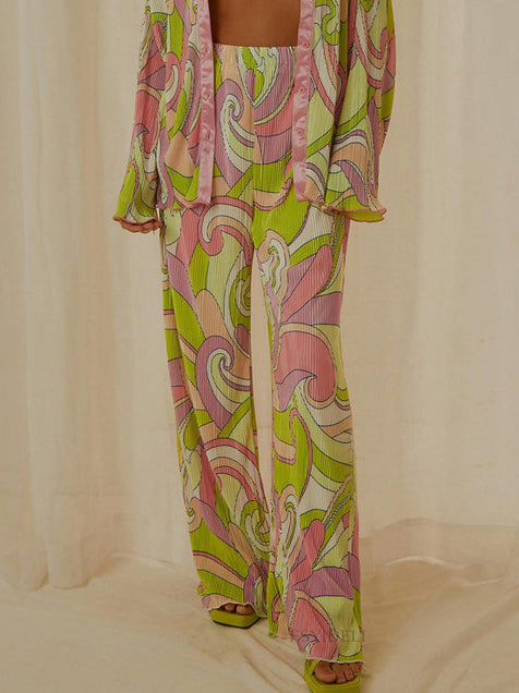 Einzigartige, plissierte, lockere Hose mit weitem Bein und bemaltem Druck