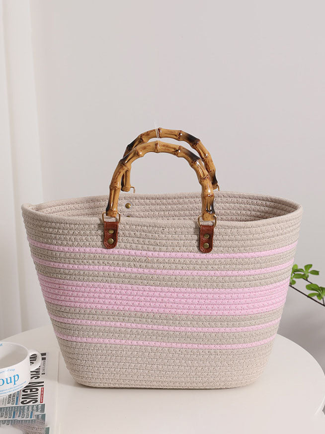 Sac de plage rétro en bambou tissé à rayures
